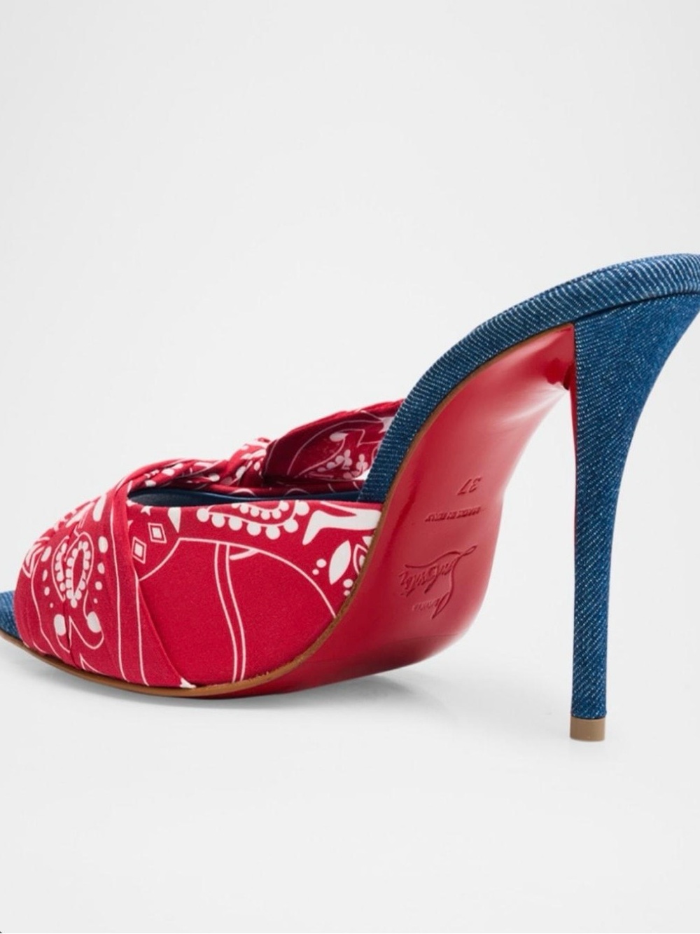 Christian Louboutin Red Bandana Knot Denim-Trim Slide - Picture 3 of 7